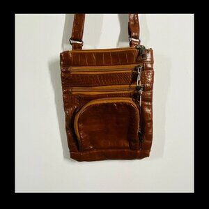 Brown Croc-Embossed Faux Leather Crossbody Bag With Adjustable Strap